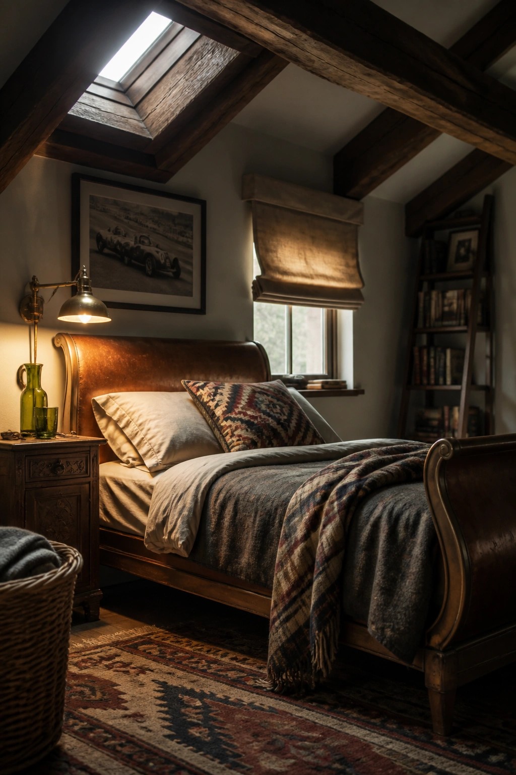A bedroom with a brown leather sleigh bed, exposed dark wooden ceiling beams, a skylight, a framed black and white racing photo, and a patterned rug on the floor.
