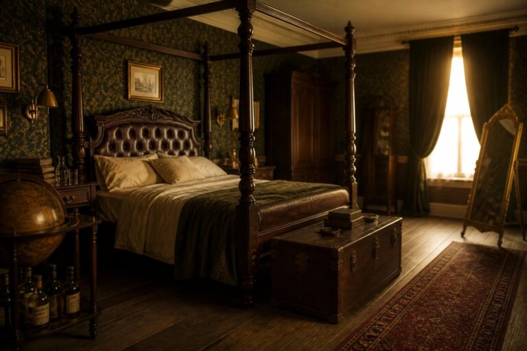 24 Vintage Gentleman Bedroom Ideas with Rich Old World Charm A vintage bedroom with a tall dark wood four-poster bed, tufted leather headboard, green patterned wallpaper, and a long patterned rug on the floor.