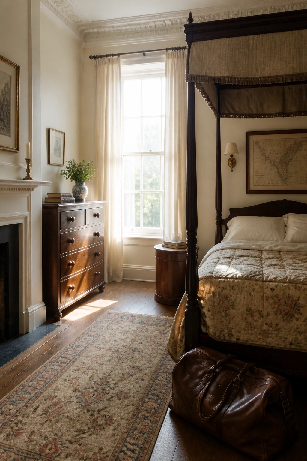 Sunlit traditional bedroom with four-poster bed and leather bag on patterned rug.