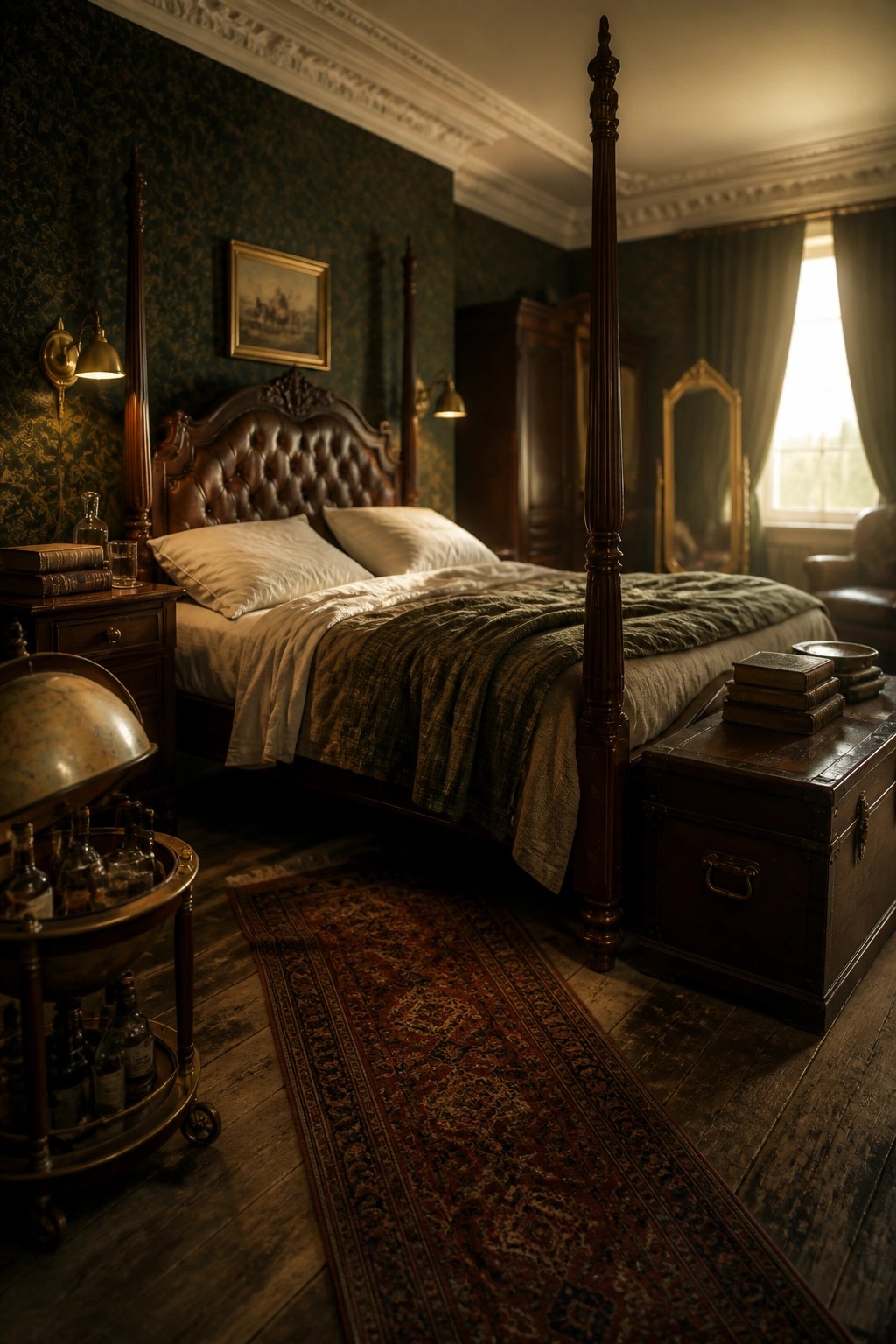 A vintage bedroom with a tall dark wood four-poster bed, tufted leather headboard, green patterned wallpaper, and a long patterned rug on the floor.