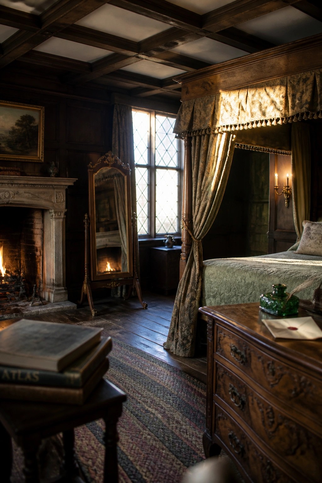 A dimly lit vintage bedroom featuring a large four-poster bed with green draped curtains, dark wood paneling, a fireplace, and antique furnishings including a standing mirror and wooden dresser.