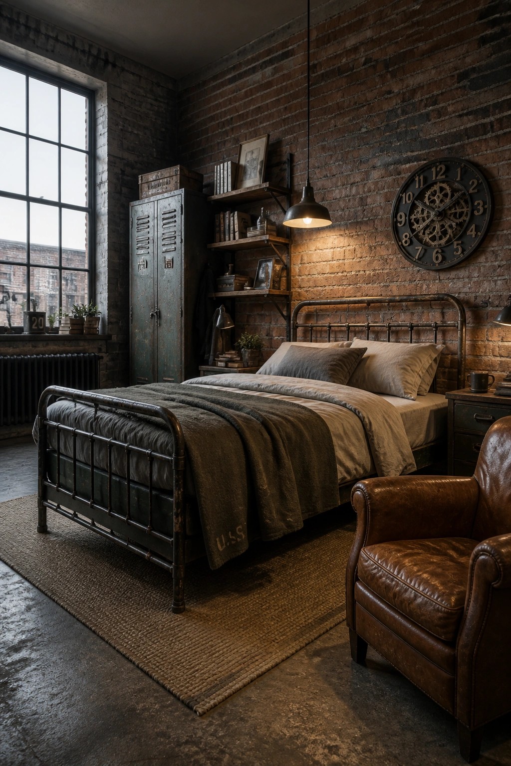 A bedroom interior with exposed brick walls, a dark metal bed, a large industrial gear clock, and a brown leather armchair on a woven rug.