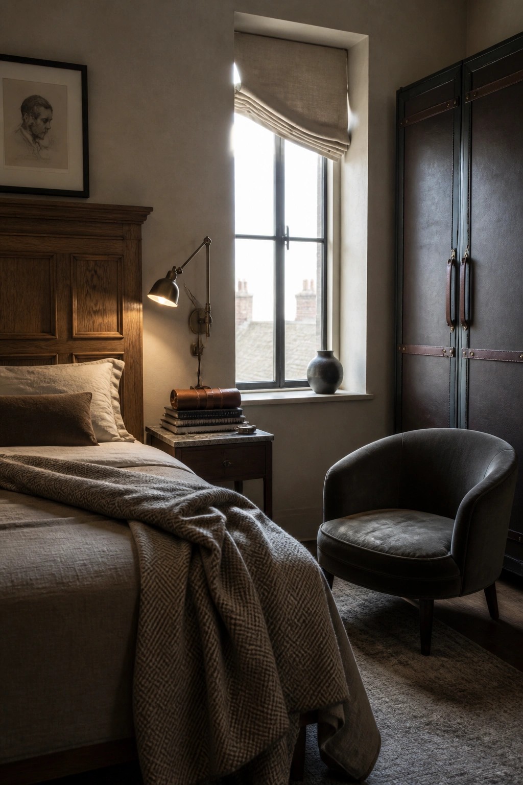 Cozy bedroom with wooden bed, leather armchair, sunlit window, and dark wardrobe.