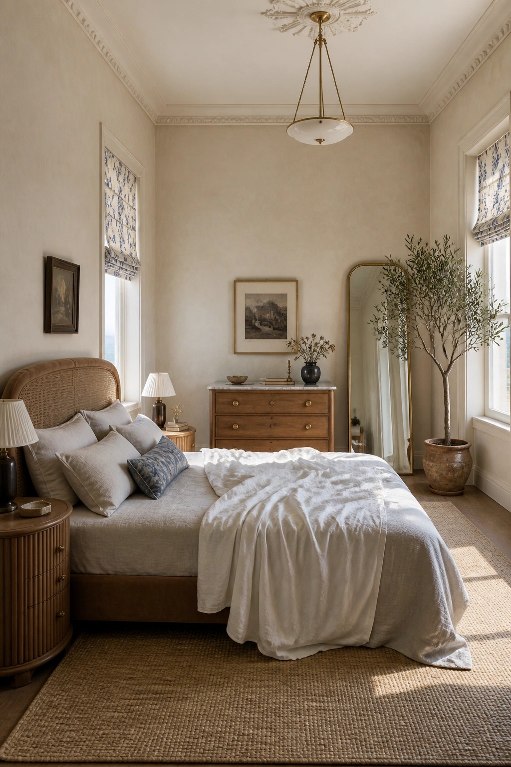 A bedroom with a bed dressed in white linens, a wooden dresser against the back wall, matching nightstands, a tall gold-framed mirror, and a large potted tree beside a window.