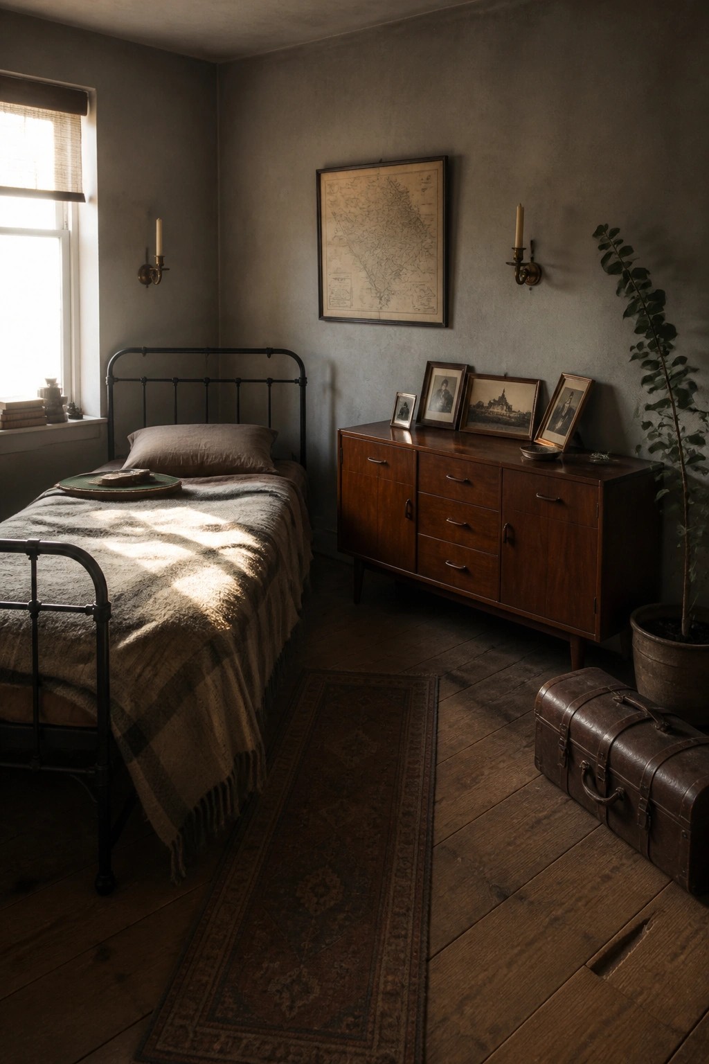 A vintage bedroom with a black metal bed, dark wood dresser, large framed map on the wall, and several small framed photos on the dresser.