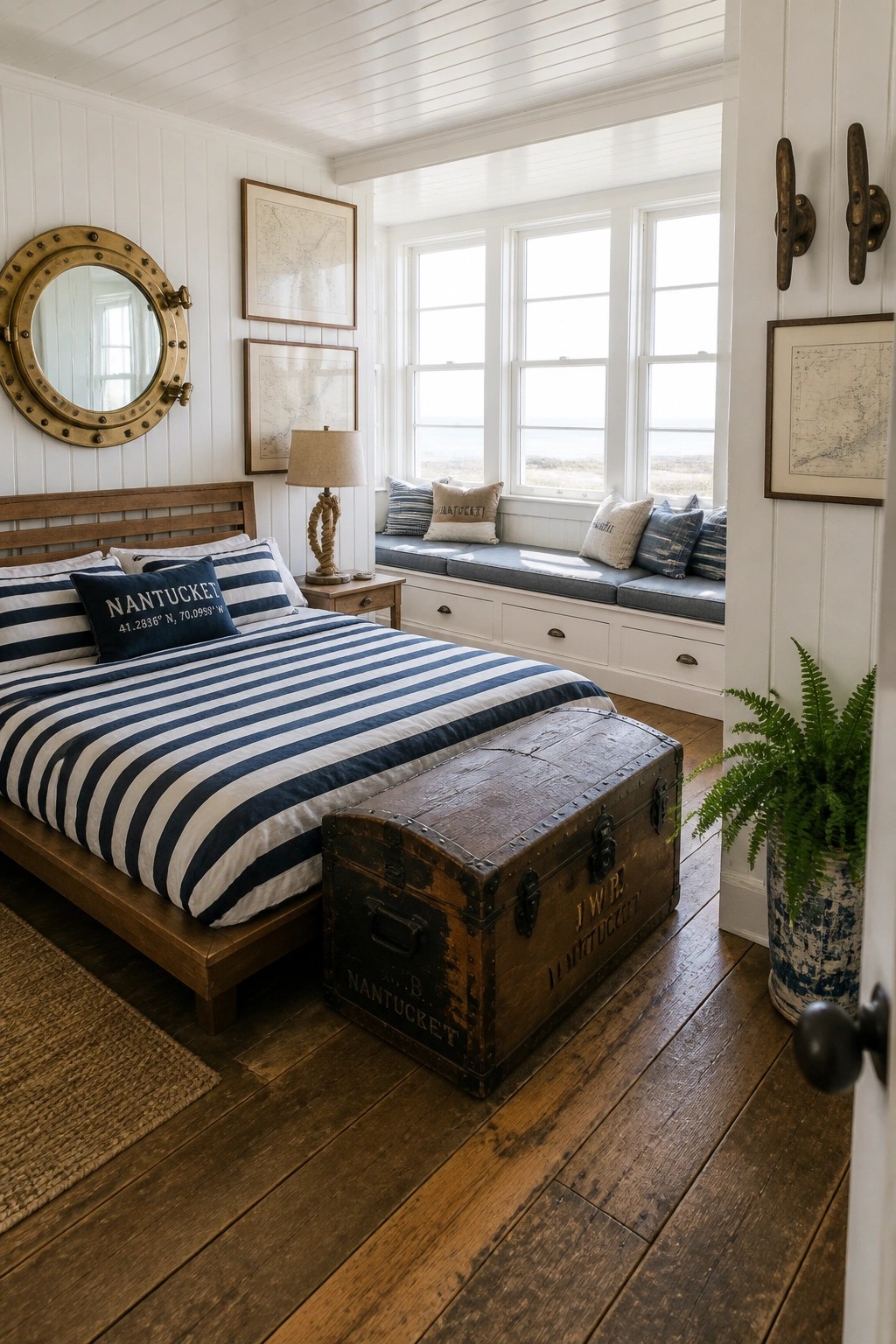 A bedroom featuring a striped bed, a large wooden vintage trunk at the foot, a window seat with cushions, and a round porthole mirror on the wall.