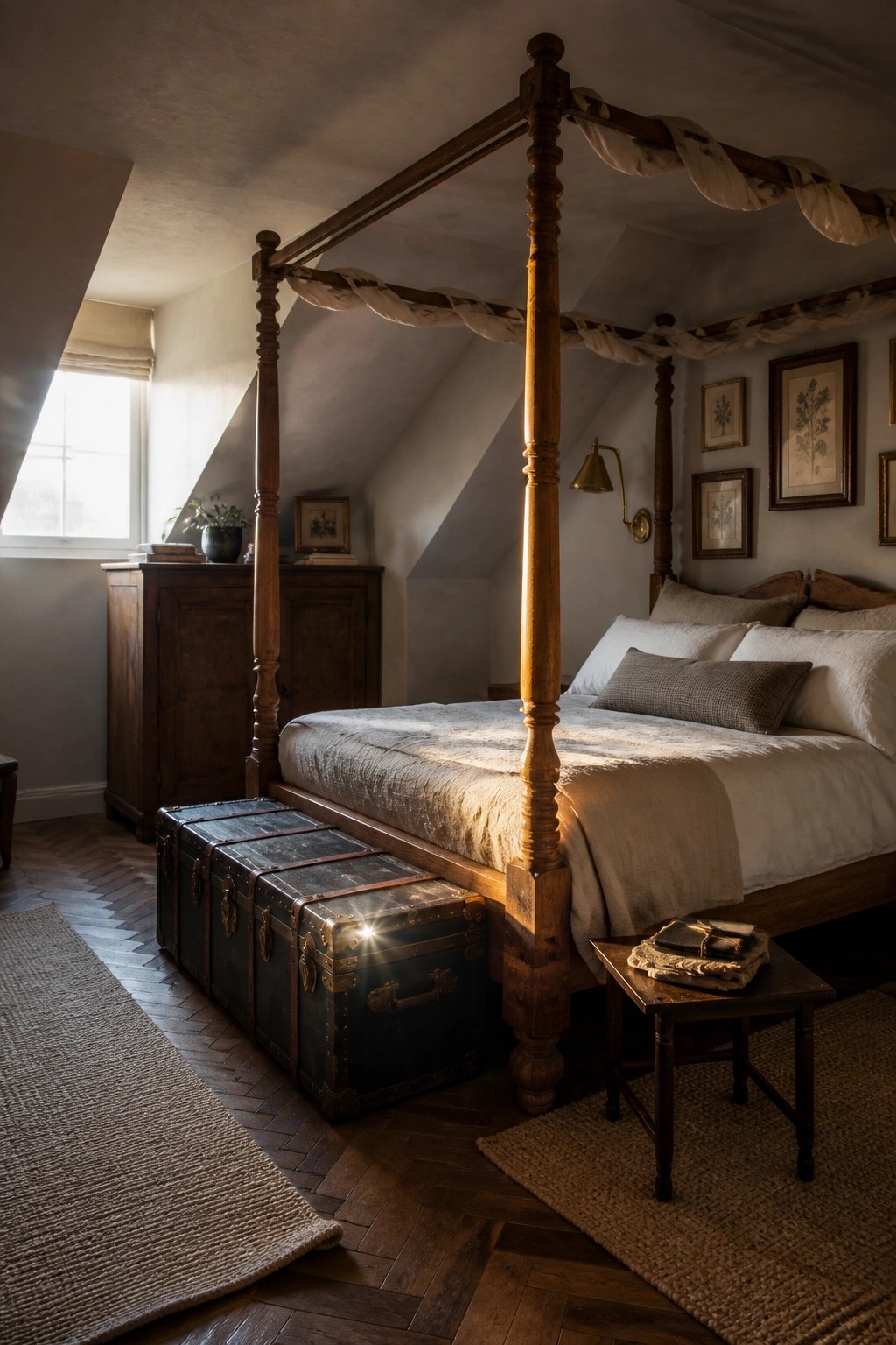 A wooden four-poster bed in an attic bedroom with two vintage trunks at the foot and framed botanical prints on the wall.