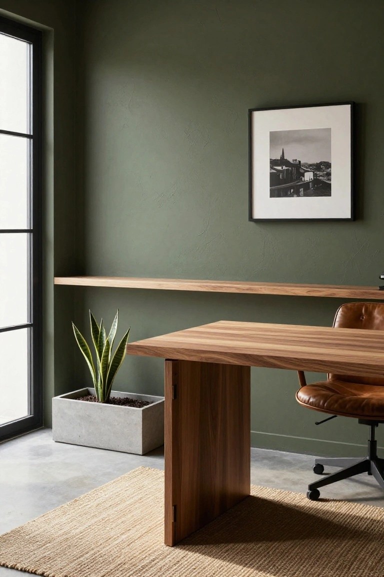 A walnut wood desk with a solid pedestal base sits on a woven rug in a room with green walls, a floating wood shelf, a brown leather office chair, and a concrete planter holding a snake plant.