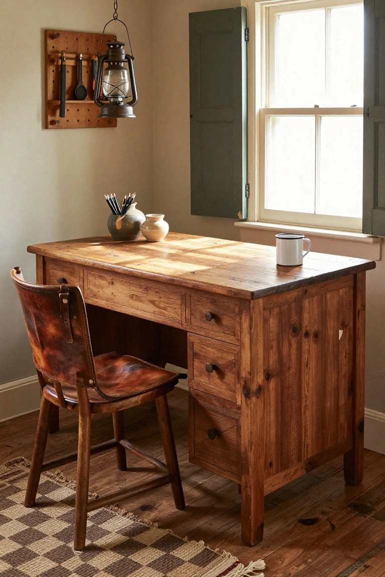 A rustic wooden desk with drawers and a brown leather chair positioned in front of it inside a room with a window and hanging lantern.