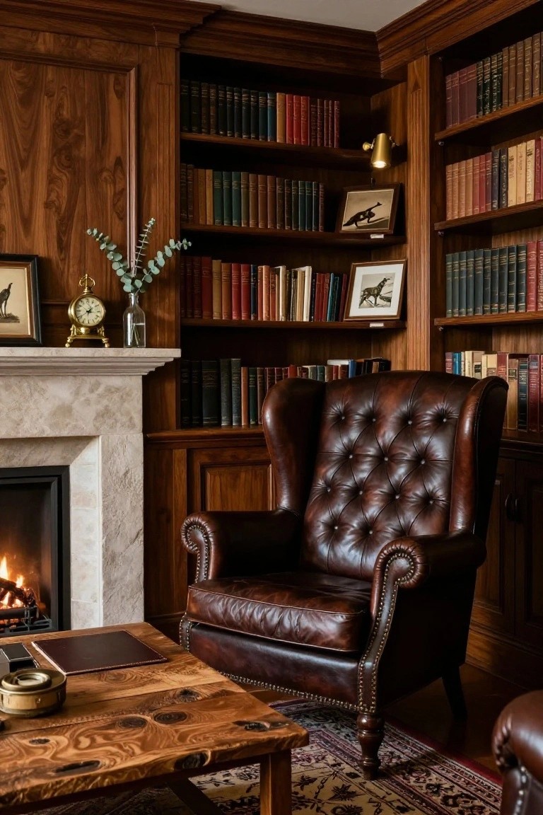 A brown leather wingback chair in front of dark wood built-in bookshelves filled with books in a paneled office with a marble fireplace.