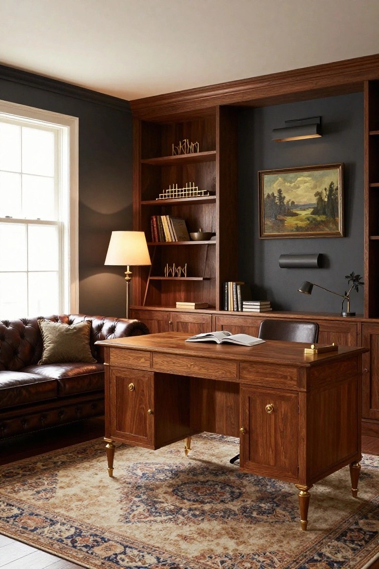 A home office with a large wooden desk, built-in dark wood shelving and cabinets, a brown leather sofa, and a patterned rug on the floor.