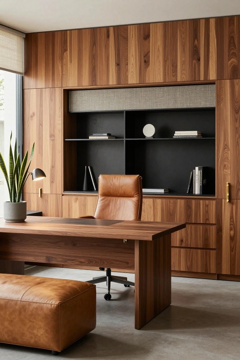 A home office featuring a large wooden desk, brown leather chair and ottoman, and floor-to-ceiling wood cabinetry with a dark recessed shelving unit.
