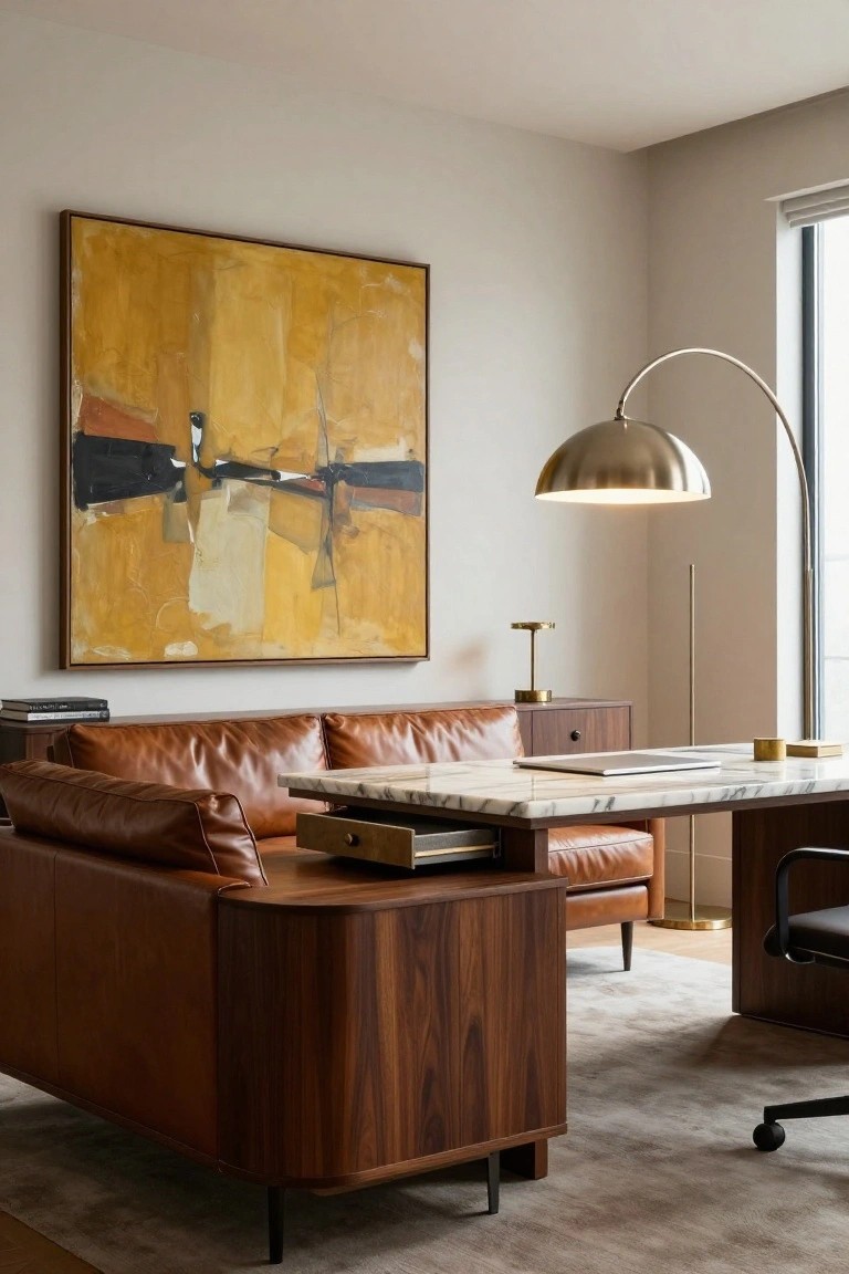 A home office featuring a dark wood desk with marble top attached to a brown leather sofa, an abstract yellow painting on the wall, and a large arched floor lamp.