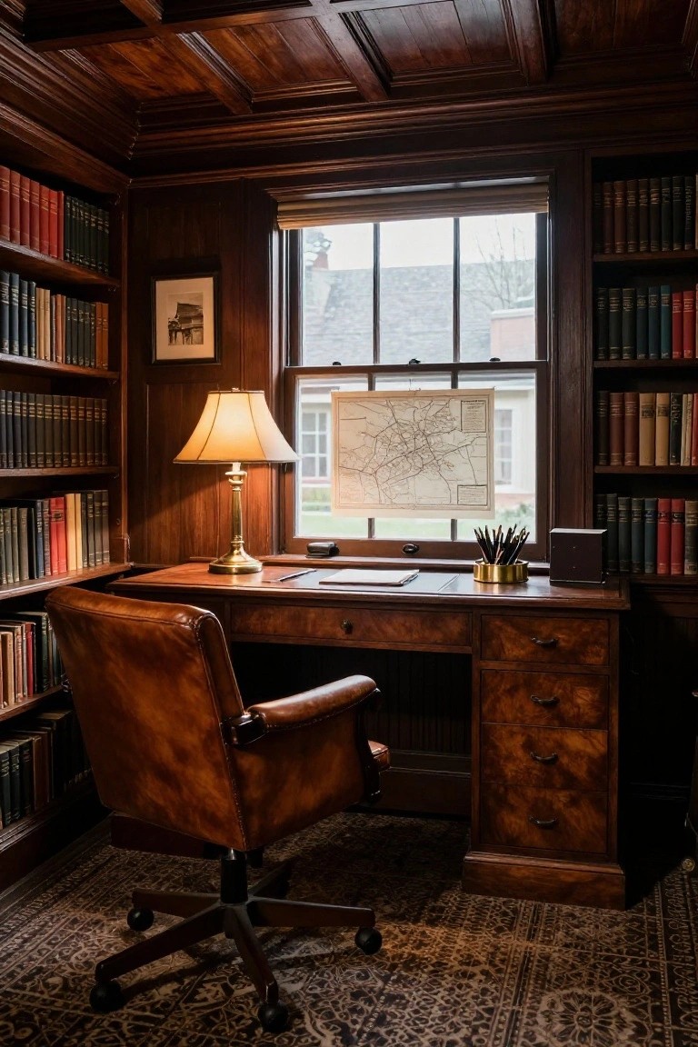 A traditional home office featuring dark wood paneling, built-in bookshelves filled with books, a wooden desk, and a brown leather swivel chair facing a large window.