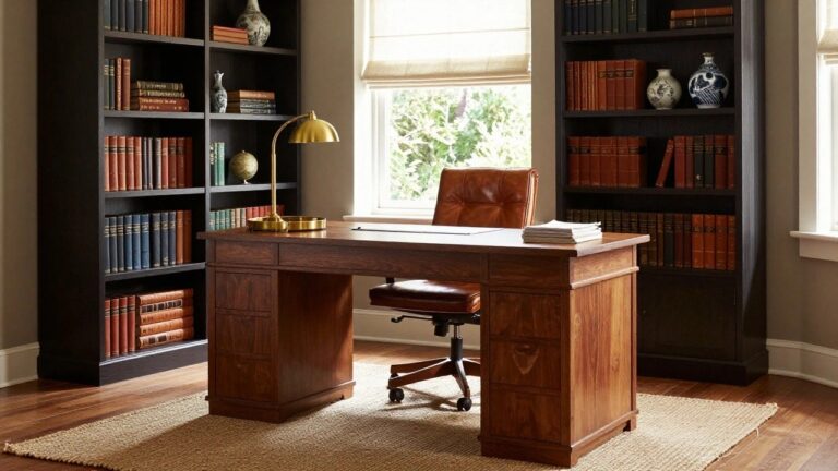 23 Warm Wood and Leather Office Ideas for a Rich Masculine Feel A home office with a large wooden desk, brown leather swivel chair, built-in bookshelves, and a brass desk lamp near a window.