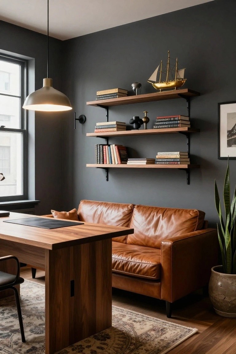 A home office interior showing a brown leather sofa beneath three wooden floating shelves on a dark gray wall, with a wooden desk in the foreground and a potted plant to the right.