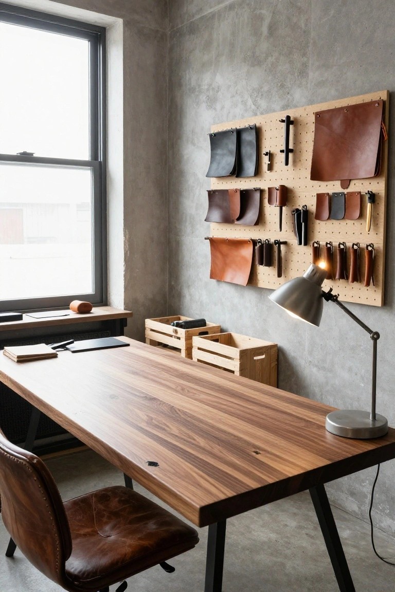 A home office with a large wooden desk, brown leather chair, metal desk lamp, and wooden pegboard mounted on a concrete wall displaying leather samples and tools beside a large window.