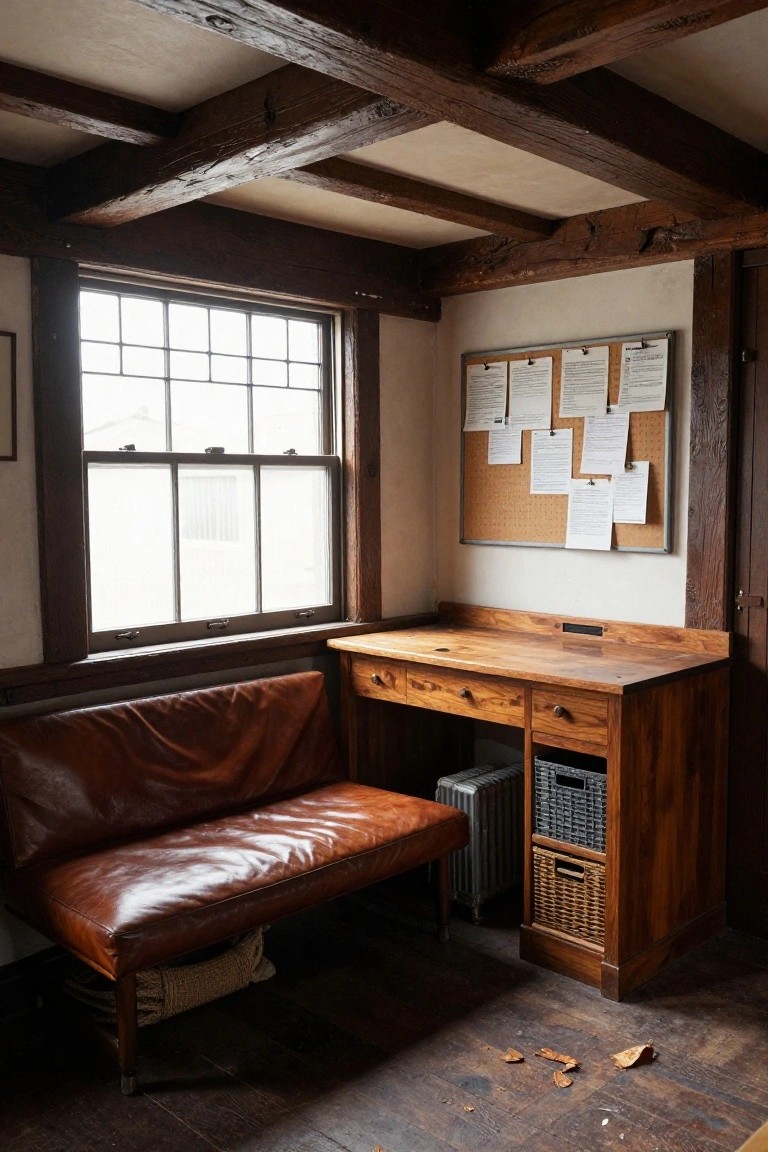 A wooden desk with multiple drawers sits beside a brown leather bench under a window, with a corkboard on the wall above and exposed ceiling beams overhead.