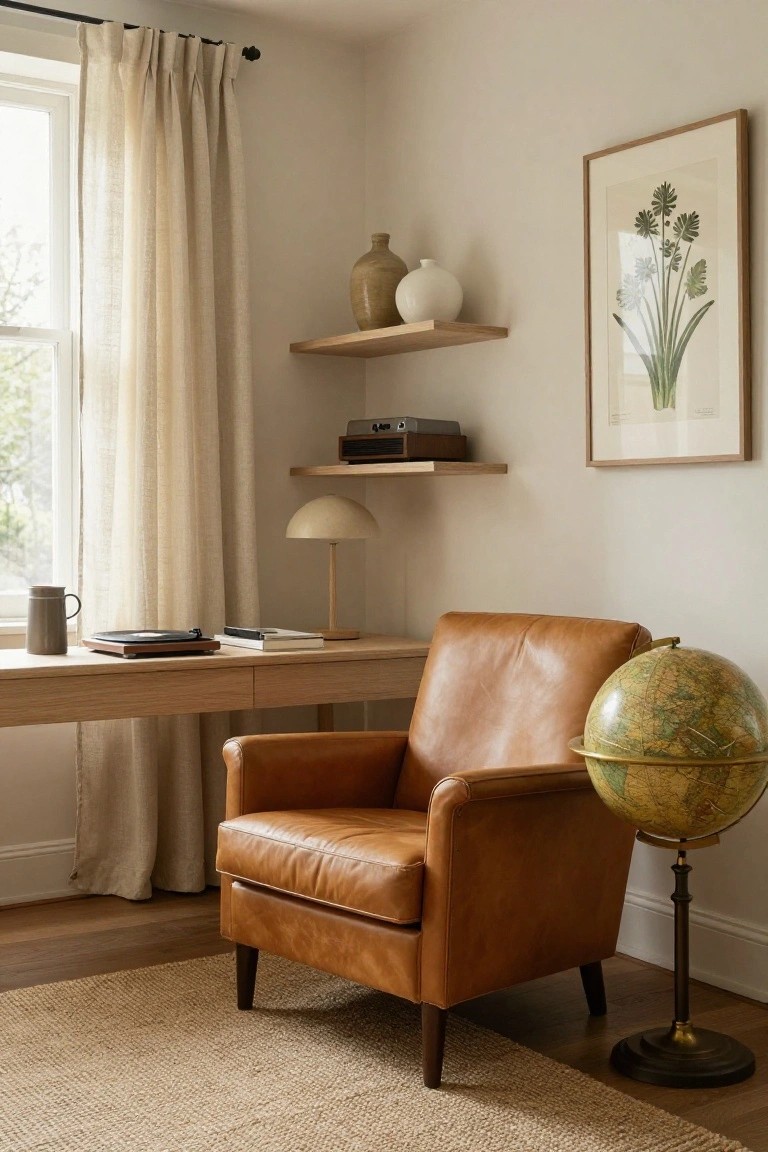 A home office corner with a brown leather armchair in front of a light wood desk, floating wood shelves on the wall, and a globe on a stand to the right.