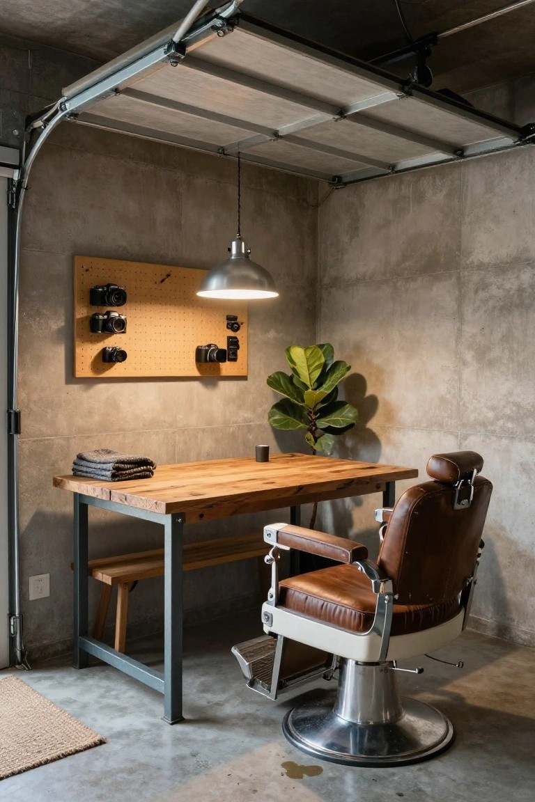 A wooden desk and brown leather barber chair sit in a concrete-walled room with a pegboard holding cameras on the wall.