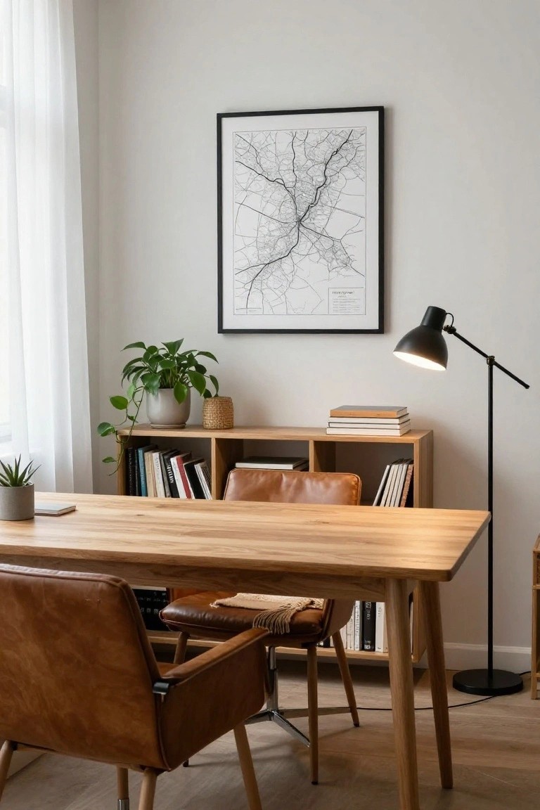 A home office featuring a light wood desk, brown leather chairs, a low wooden bookshelf, and a large framed map on the wall.