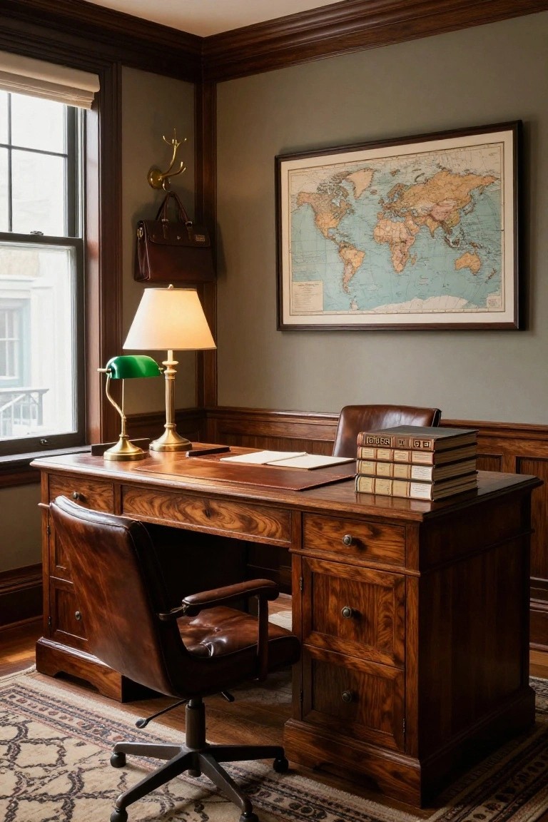 A home office with a large wooden desk, two brown leather chairs, a brass lamp with a green shade, and a framed world map on the wall.