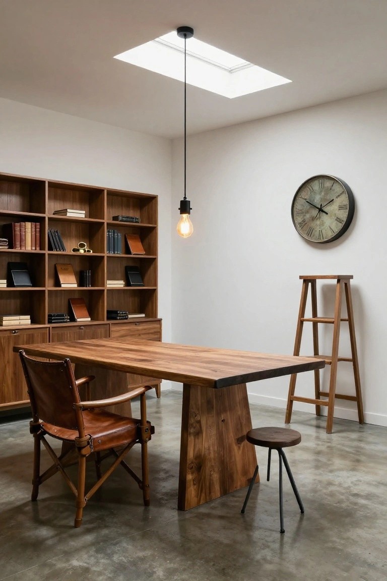 Rustic wooden desk with leather chair, bookshelf, ladder, and wall clock in bright office