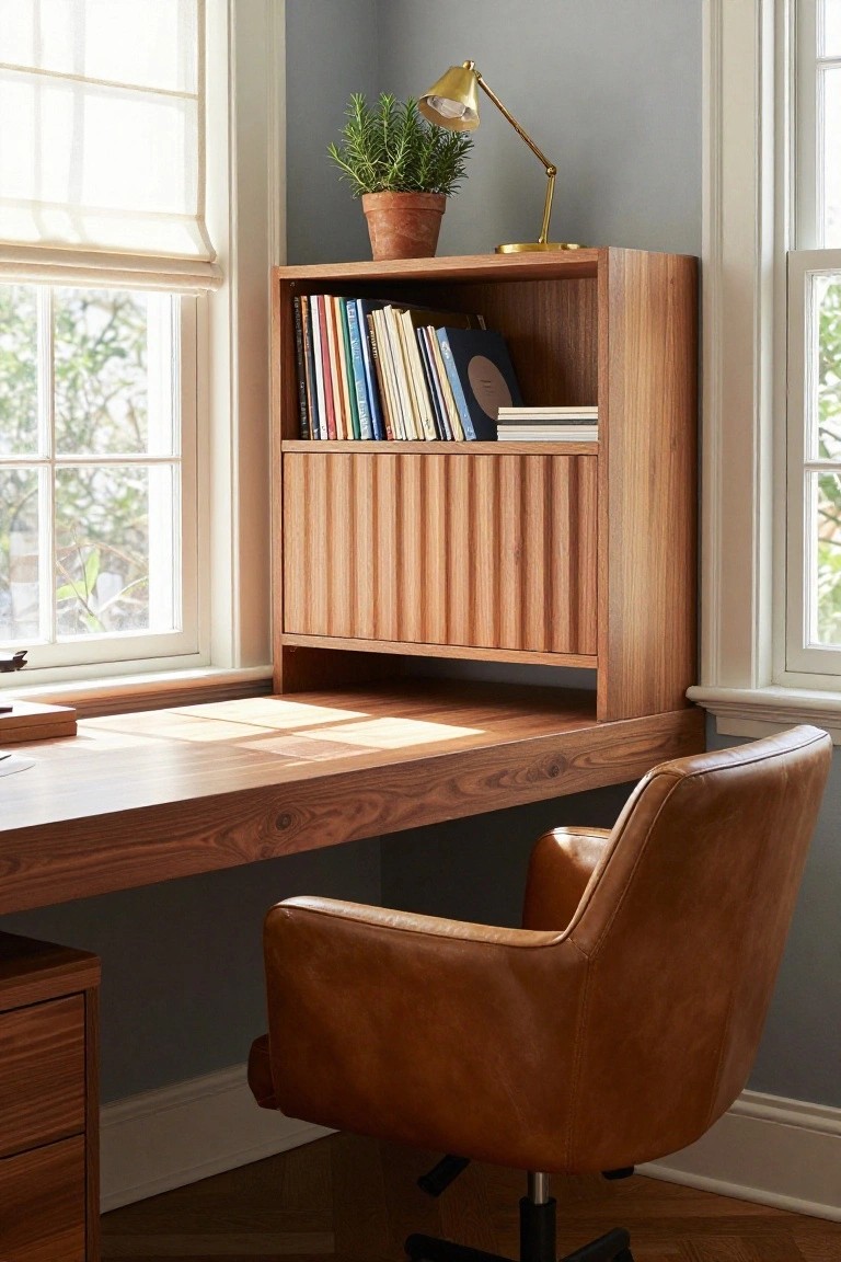 A wooden desk with an upper hutch and built-in storage, paired with a brown leather office chair in front of two windows.