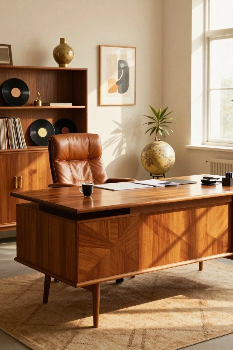 A mid-century wooden office desk with a brown leather executive chair sits in a sunlit room with a globe, coffee cup, and wooden shelving unit holding vinyl records.
