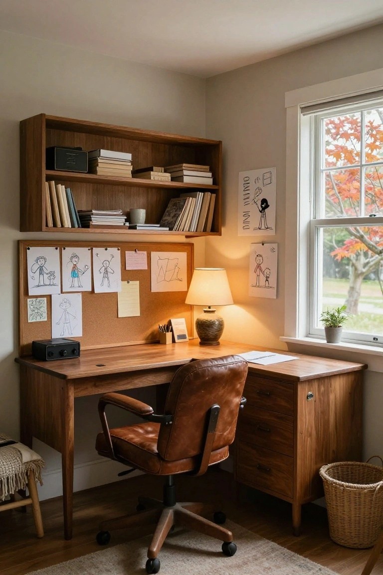 A wooden desk with a brown leather office chair in a home office, with bookshelves above and a corkboard on the wall.