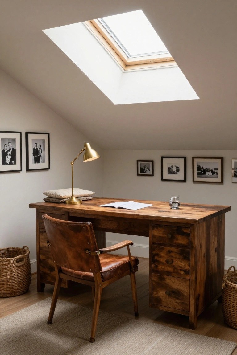 A wooden desk with a brown leather chair sits under a skylight in a home office with framed photos on the walls.