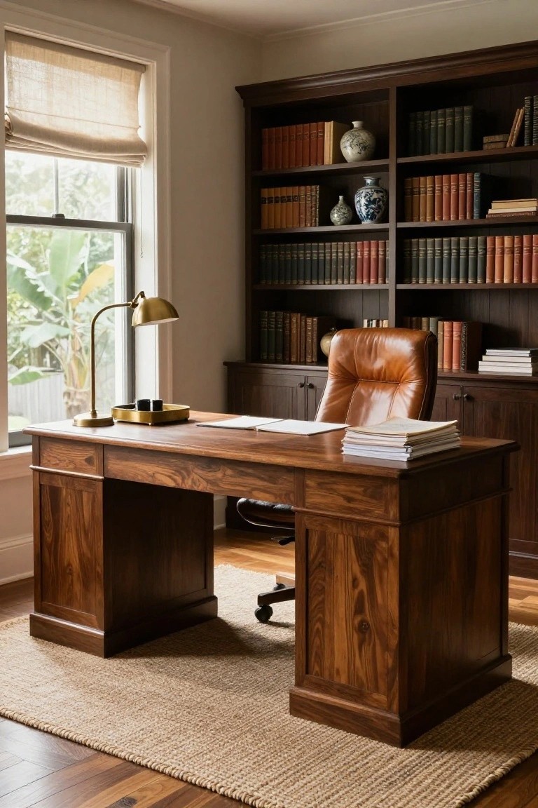 A home office with a large wooden desk, brown leather swivel chair, built-in bookshelves, and a brass desk lamp near a window.