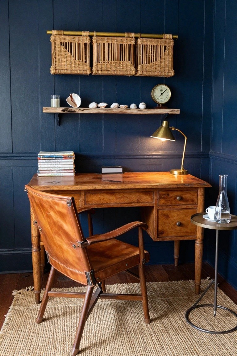 A home office with a wooden desk, brown leather chair, dark blue walls, and a wall shelf above the desk.
