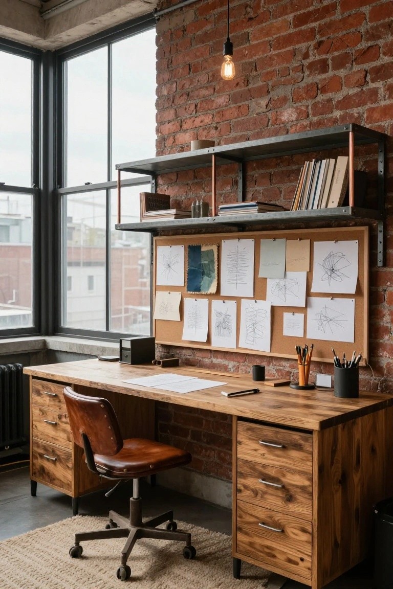 A wooden desk with a brown leather office chair is positioned in front of a brick wall, with a corkboard and metal shelves mounted above.