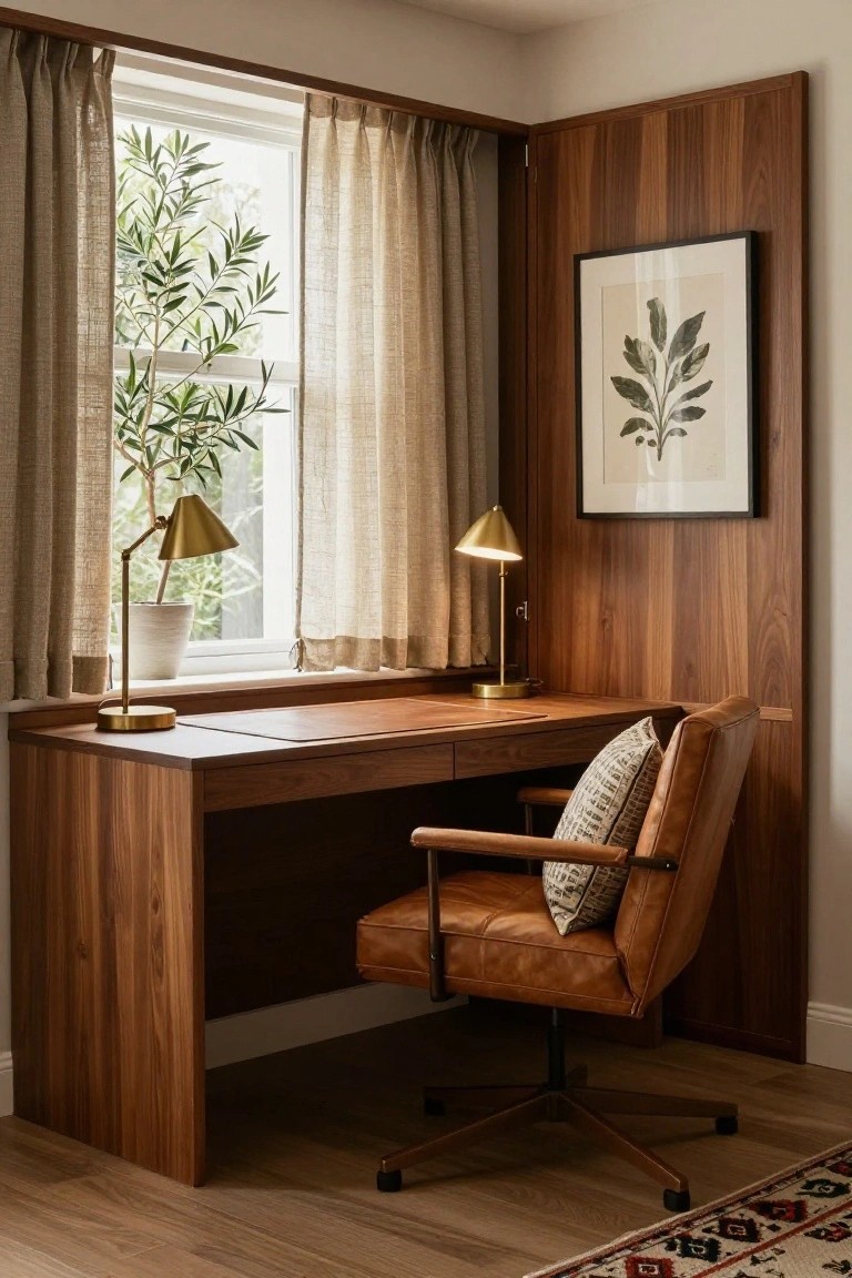 A wooden desk with two brass lamps sits beneath a window next to a brown leather office chair, with vertical wood paneling on the wall to the right.