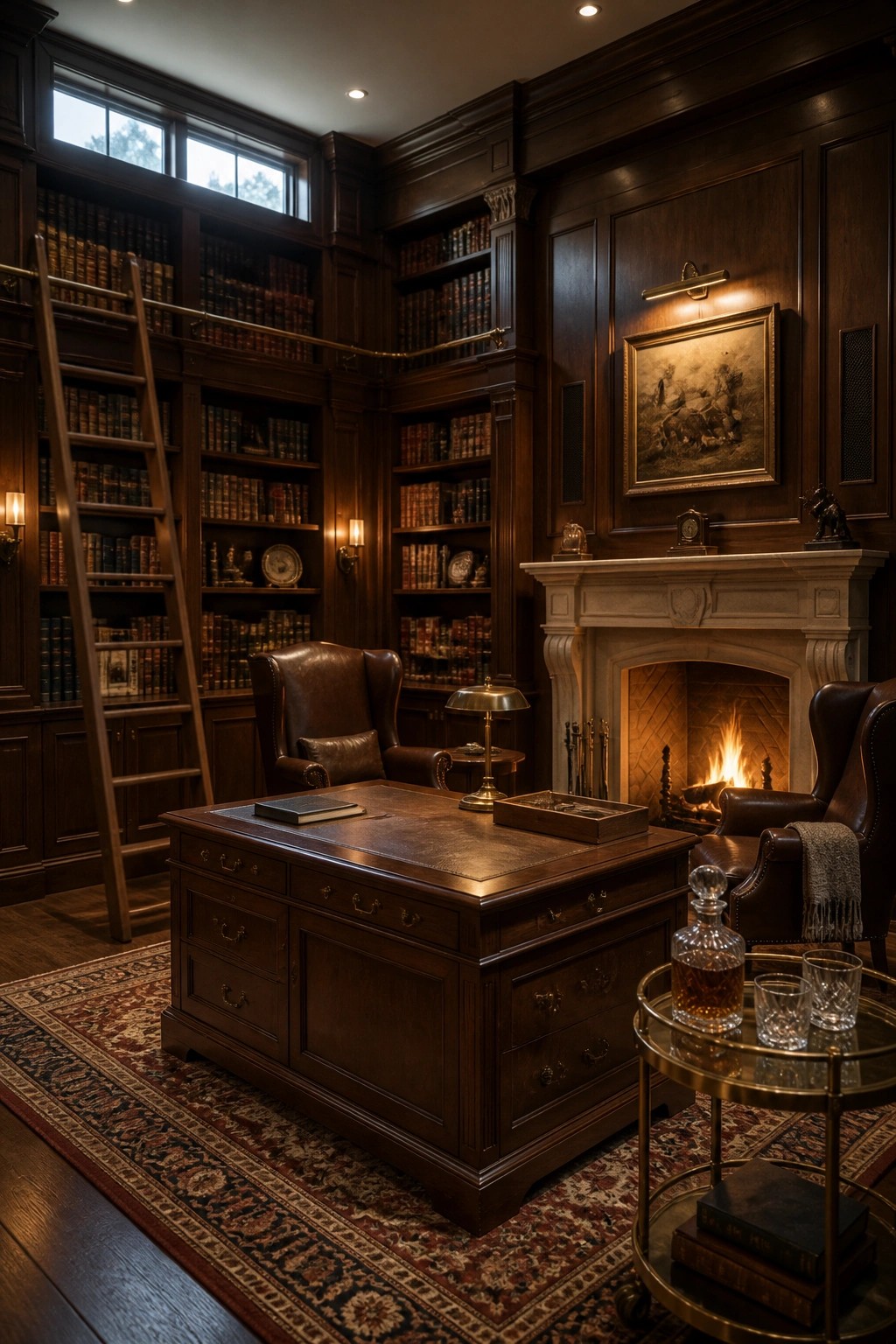 Elegant dark wood library with leather chairs, fireplace, desk, and bookshelves on ornate rug.