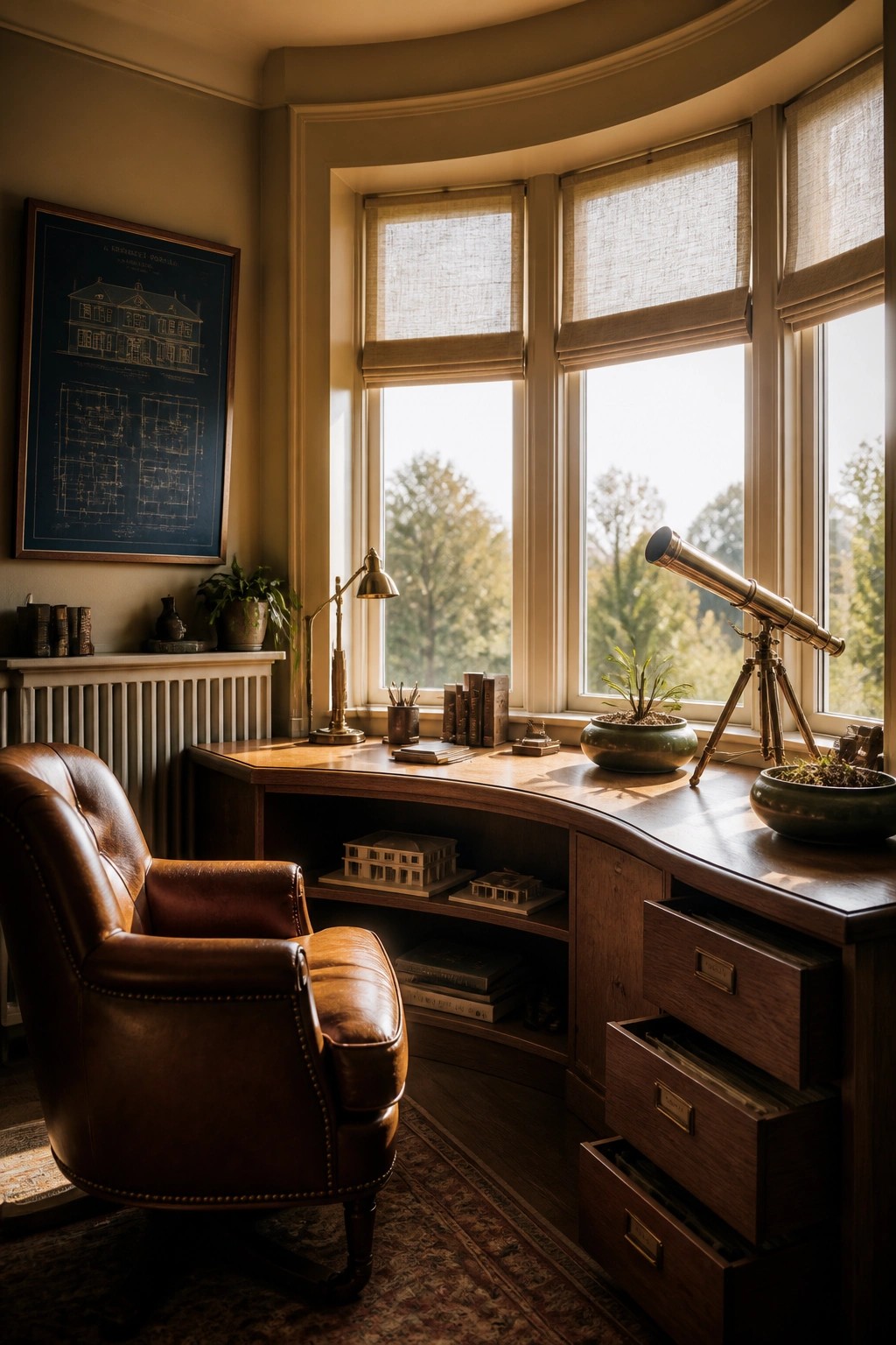 A wooden curved desk sits in front of a large bay window, with a brown leather armchair nearby, open shelves below holding architectural models, and a framed blueprint on the wall.