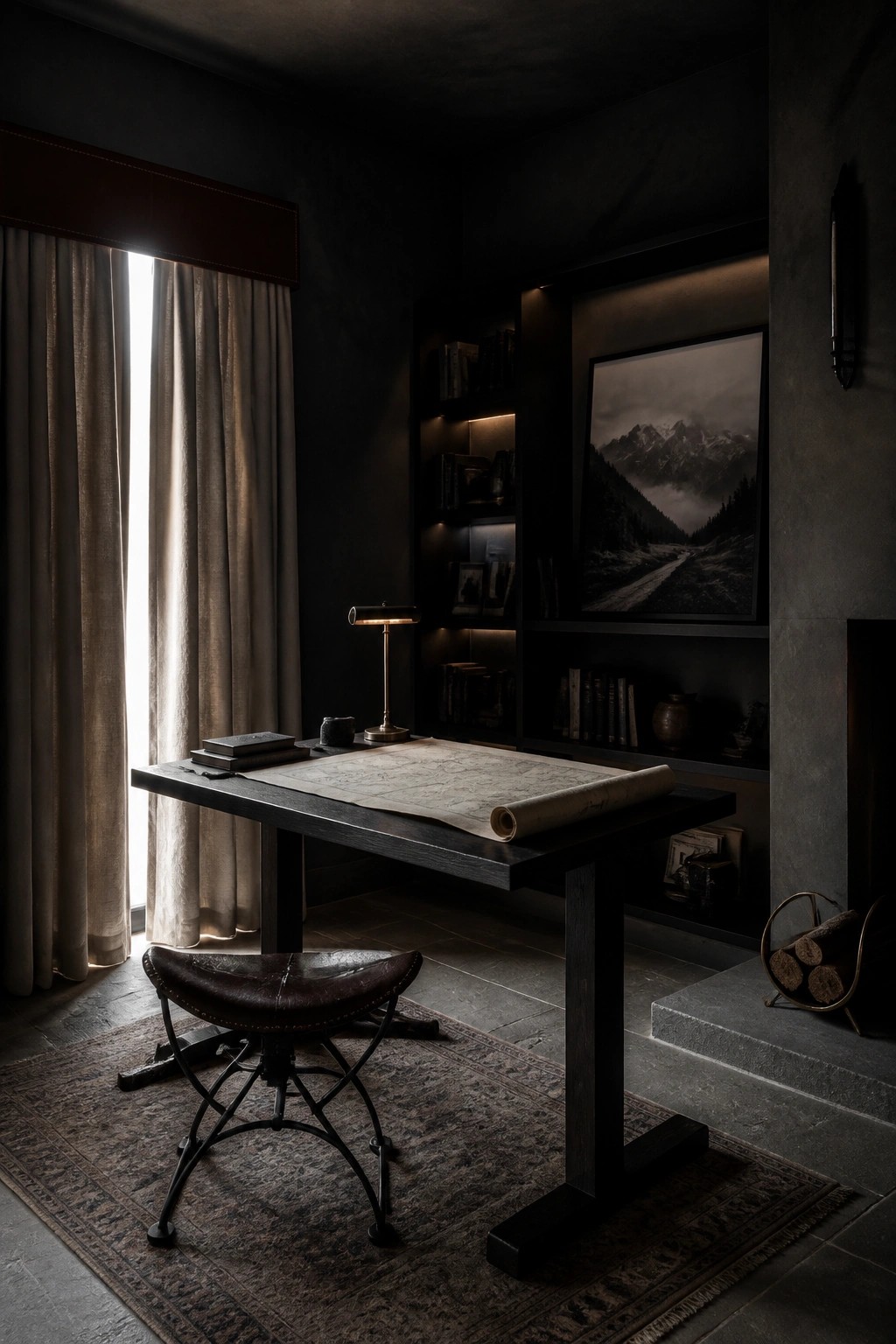 A dark wood desk with a large map unrolled on top, a brass lamp, and stacked books sits on a patterned rug with a brown leather stool in front and built-in bookshelves behind.