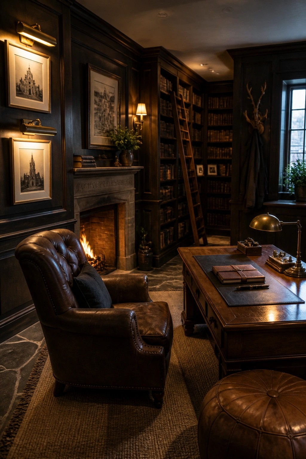 A home office featuring dark wood paneling, built-in bookshelves, a brown leather armchair, a wooden desk, and a lit fireplace.