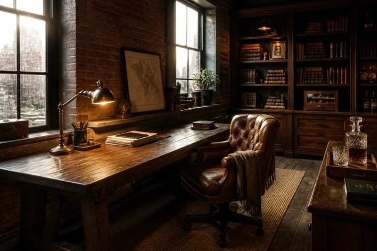 23 Wood and Leather Masculine Home Office Ideas with Rich Texture A masculine home office with a large wooden desk, brown leather tufted swivel chair on a woven rug, brick walls, and built-in bookshelves.