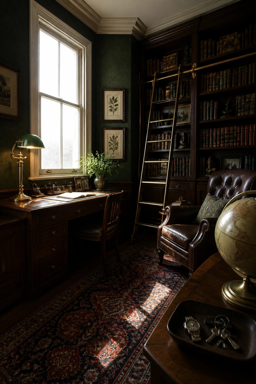A dimly lit home office featuring dark wood bookshelves with a rolling ladder, a brown leather armchair, a wooden desk under a window, and a globe on a nearby table.