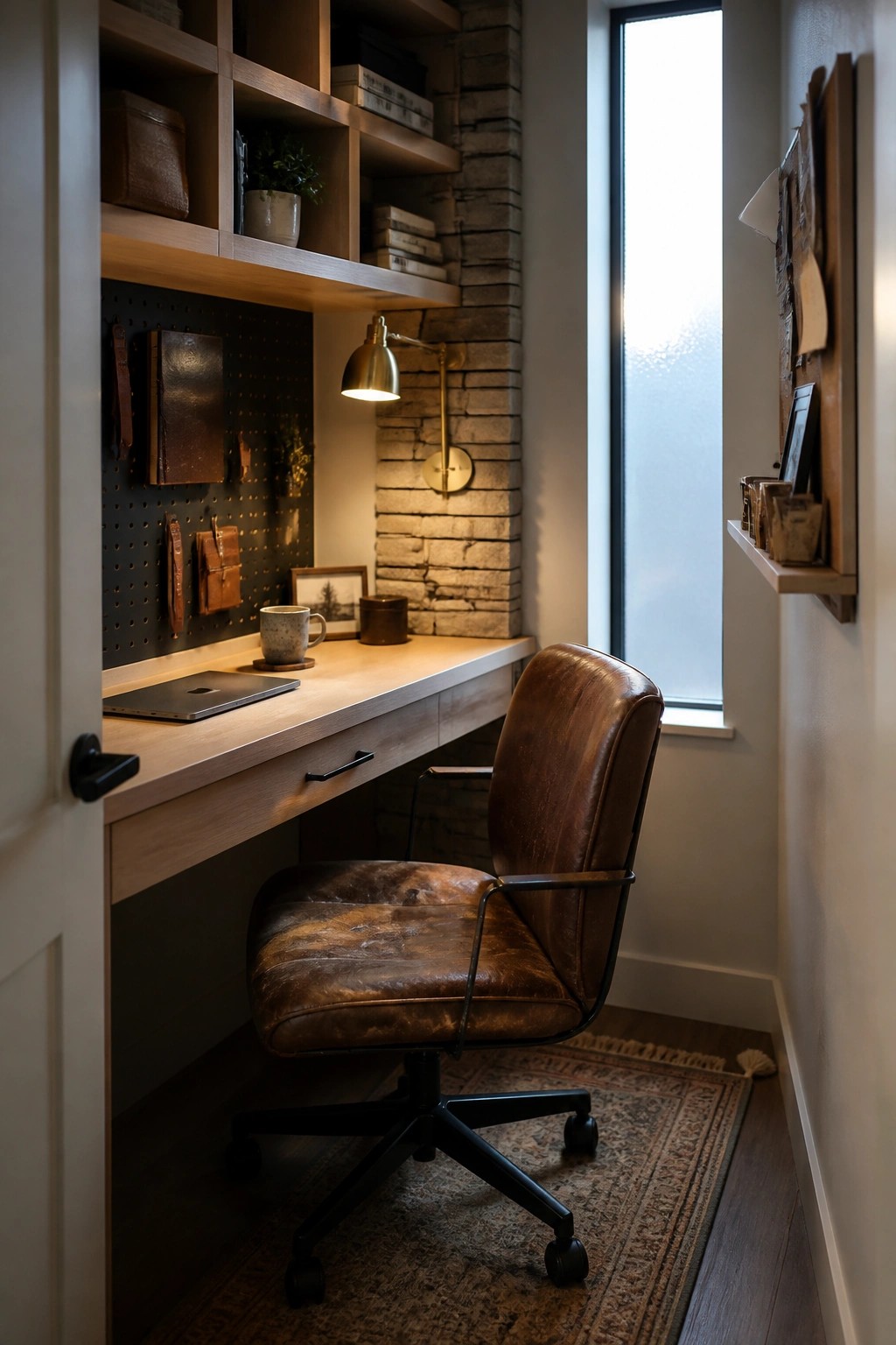 A compact home office features a light wood built-in desk with floating shelves above, a dark pegboard wall, a brown leather swivel chair, and a tall narrow window on the right.