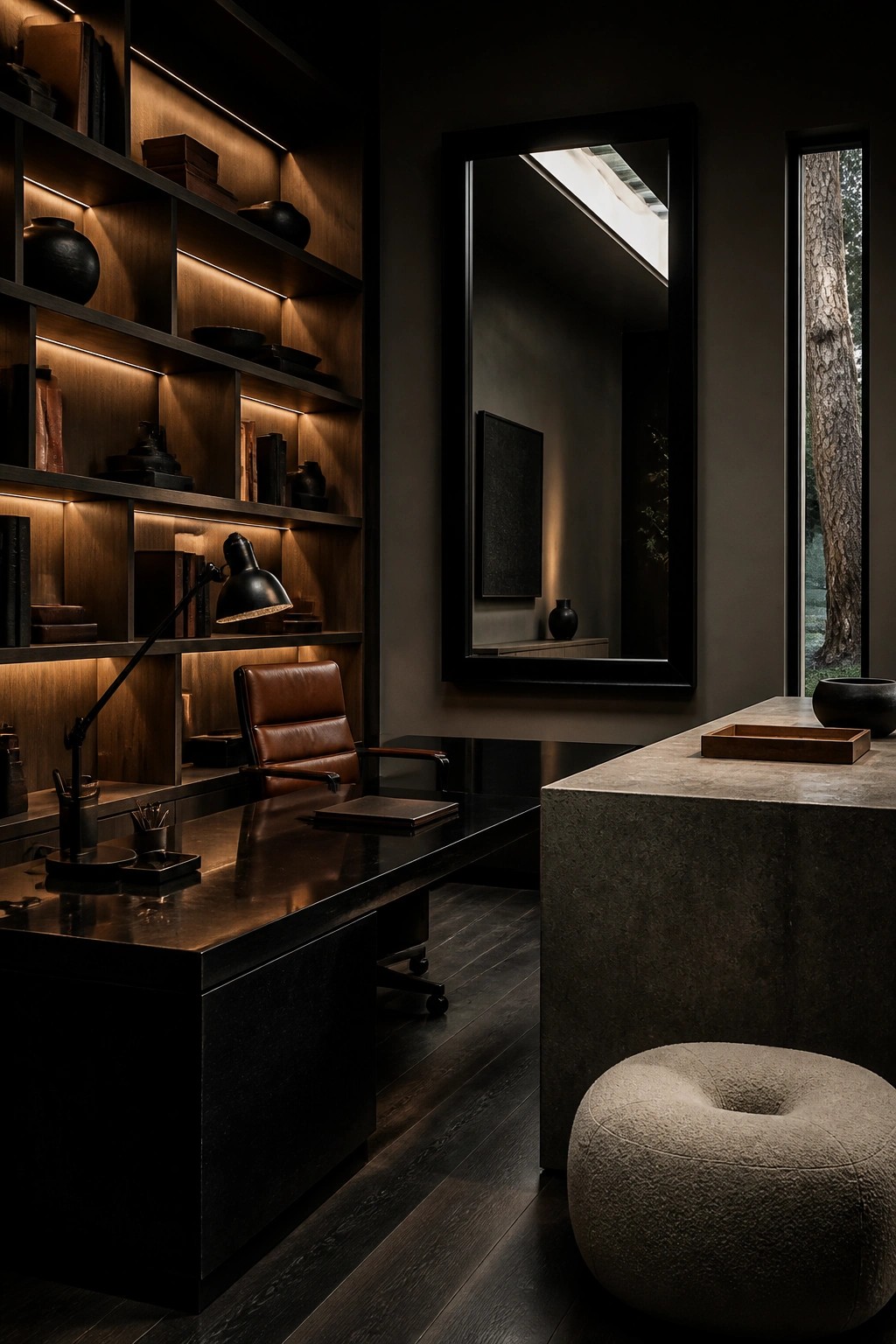 A dark home office featuring built-in wooden shelves with integrated lighting, a brown leather office chair, a black desk, and a large framed mirror on the wall.