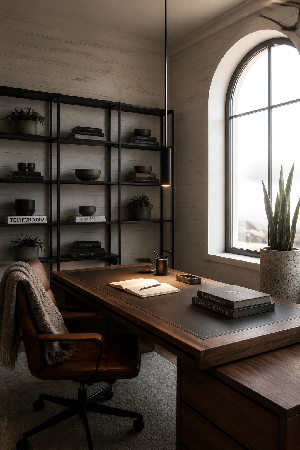 Modern wooden desk with leather chair, bookshelves, and arched window in neutral office
