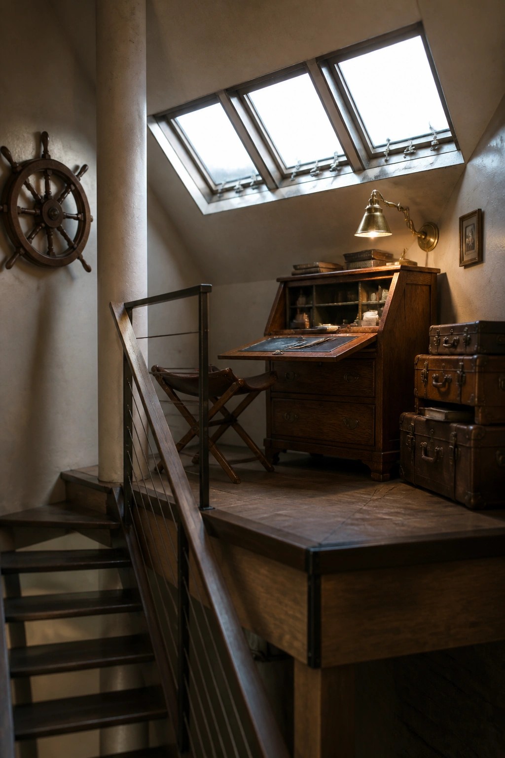 Attic workspace with open wooden roll-top desk, stacked suitcases, ship's wheel, and skylights