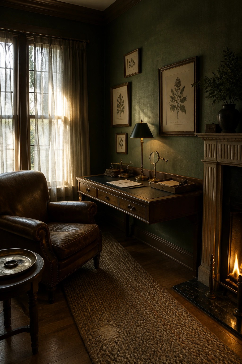 A dimly lit home office featuring a wooden desk with a leather armchair, green walls, framed botanical prints, and a fireplace with a fire burning.