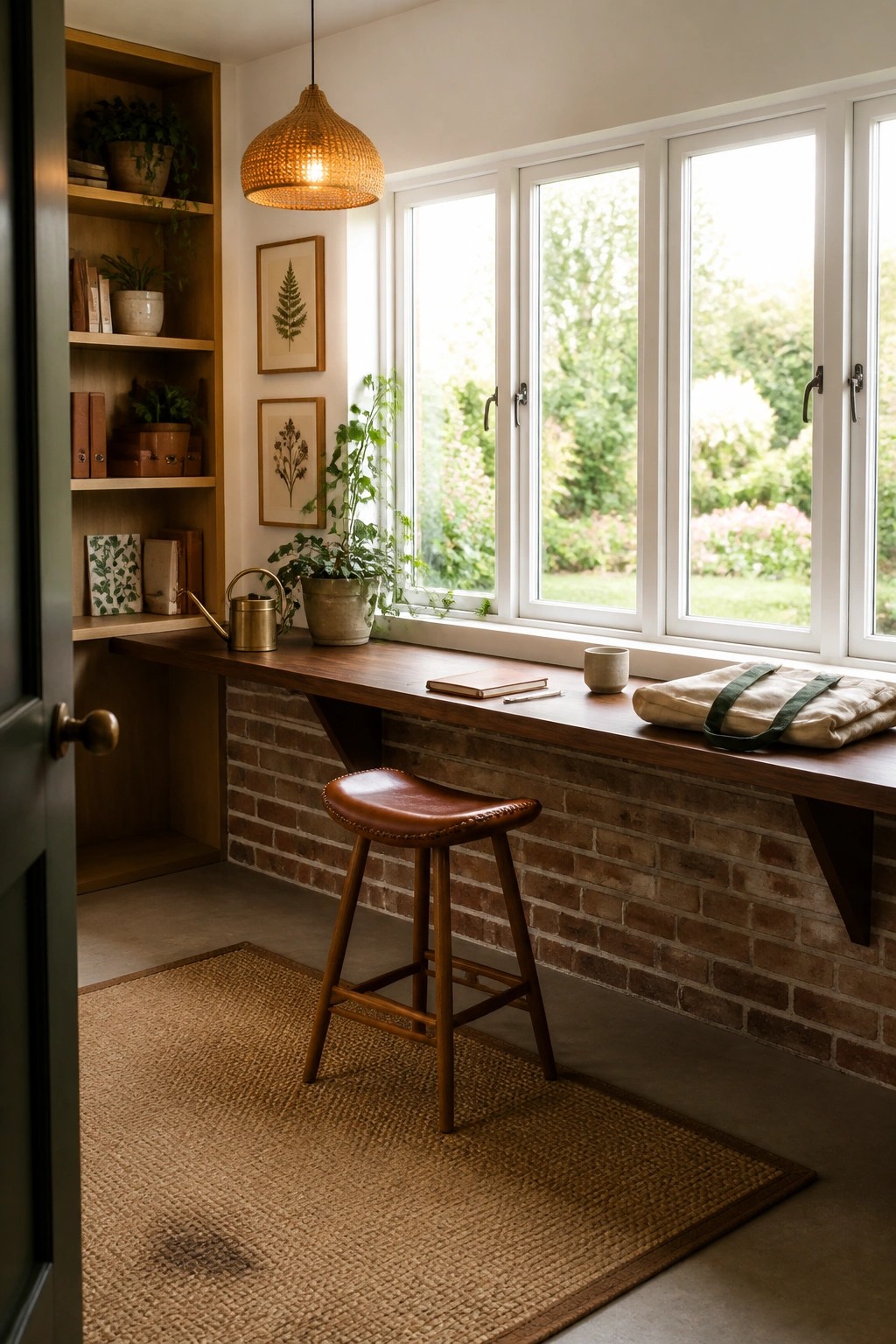 A wooden desk mounted on a brick wall beneath large windows, with a brown leather stool on a woven rug and shelves holding plants and books to the left.
