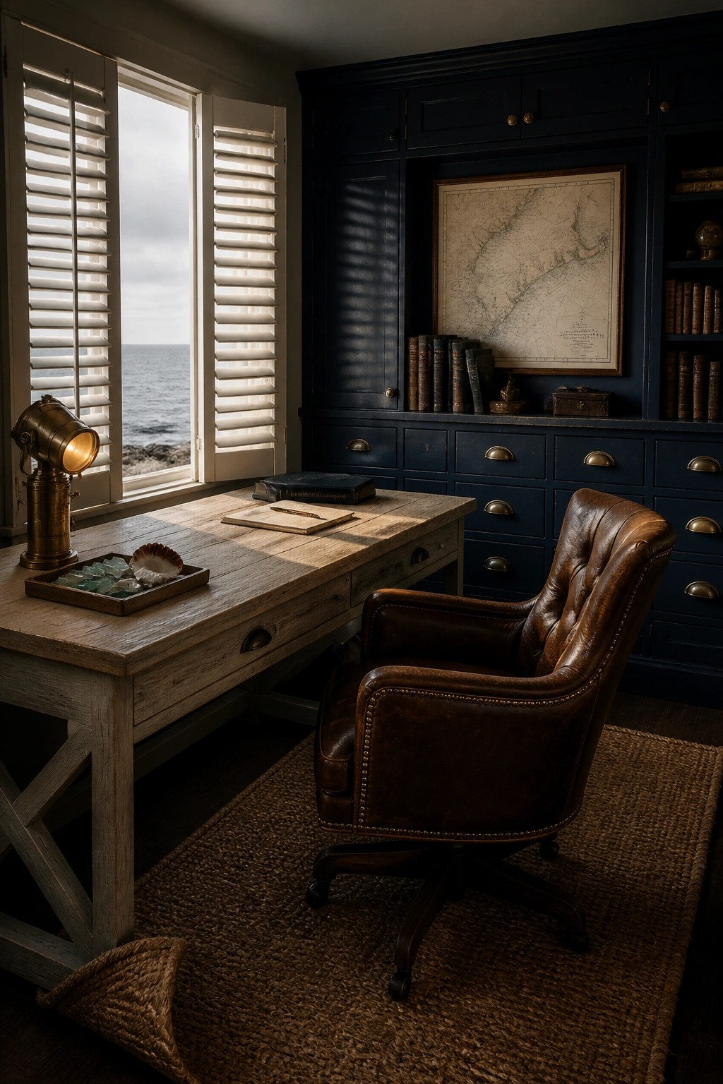 A wooden desk with a brown leather office chair sits in front of navy built-in cabinets and a window with white shutters overlooking the ocean.