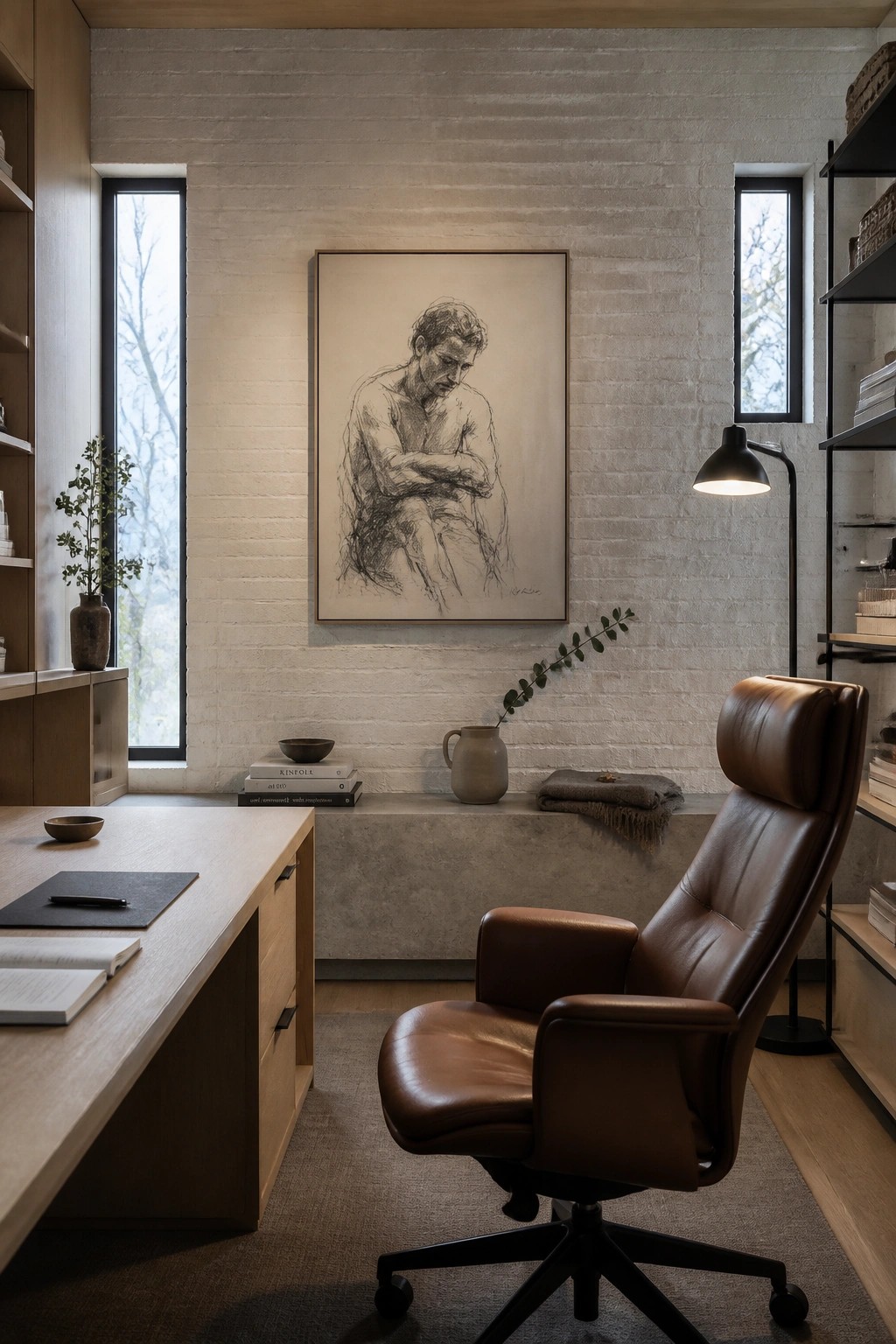 A modern home office with a light wood desk, brown leather swivel chair, white brick wall, and a large framed charcoal sketch above a low concrete ledge.