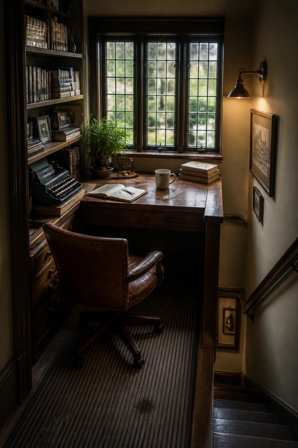 A wooden home office with a dark desk, brown leather swivel chair, built-in bookshelves, and a large window with grid panes overlooking greenery.